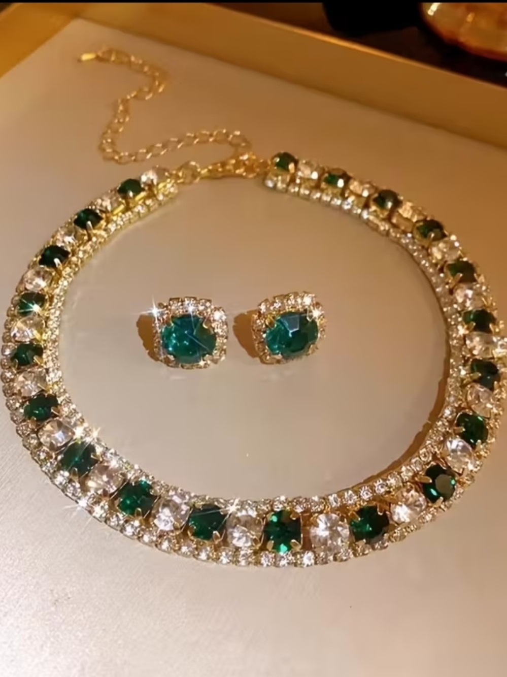 Gold-Tone Emerald & Clear Crystal Necklace and Stud Earrings Set